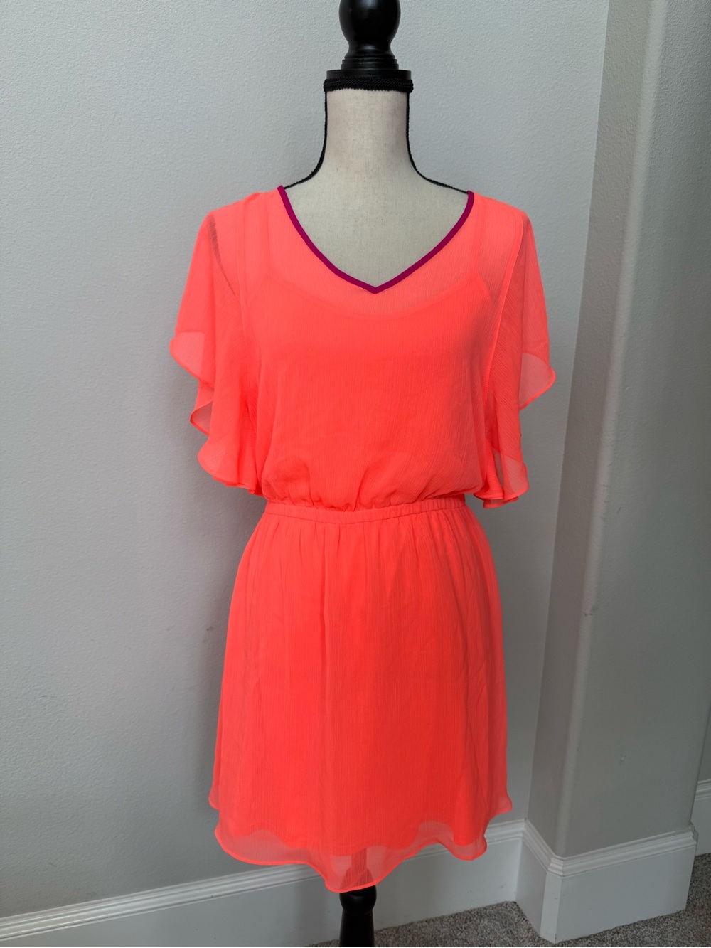 Express Neon Coral Mini Dress with Purple Trim